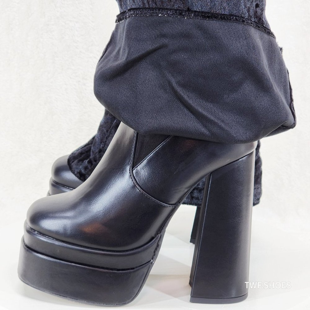 Unique Thigh High Black Velvet Fold over Skirted Chunky Heel Platform Boots - Picture 17 of 17